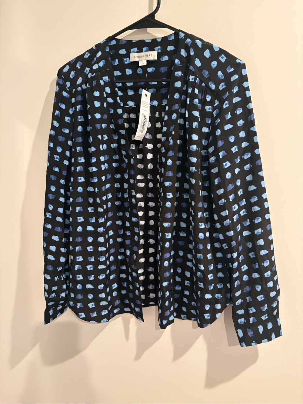 Women's Amour Vert Kaya Silk Blouse XS Black Blue Squared Up Print